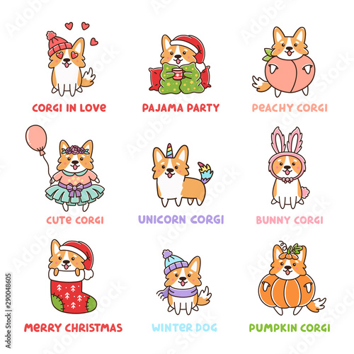 Corgi Dog Set with 10 characters, Unicorn corgi, Peachy, Pumpkin, Bunny, in various costumes for Christmas, Easter, Thanksgiving Day, Valentine's Day, Happy Birthday.