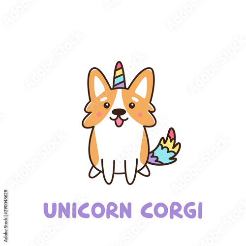 Cute dog breed welsh corgi in a unicorn costume with horn and colorful tail. It can be used for sticker, patch, phone case, poster, t-shirt, mug and other design. © viairevi