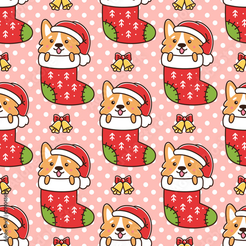 Seamless pattern with funny dog breed welsh corgi as a gift in Christmas sock, on pink background. Excellent design for packaging, wrapping paper, textile etc.