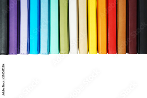 Books with Colorful Book Covers Lined up in a Row, Isolated on White. Education Concept. Bright Background with Copy Space.