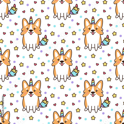 Seamless pattern with welsh corgi in a unicorn costume with horn and colorful tail. Excellent print for children's clothes, bed linens, wrapping paper, textile etc.