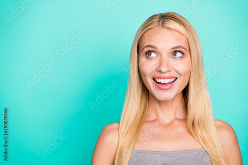 Close-up portrait of her she nice attractive lovely feminine cheery straight-haired girl dreaming gift present surprise want wish expect isolated on bright vivid shine green blue turquoise background
