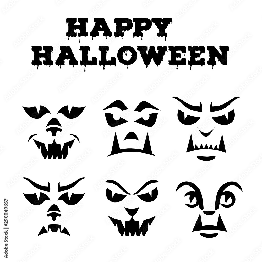 Halloween pumpkins carved faces silhouettes collection. Template with variety of eyes, mouths, noses for cut out jack o lantern. Funny werewolfs stencil set. Monster icons. Black and white vector art Halloween pumpkins carved faces silhouettes collection. Template with variety of eyes, mouths, noses for cut out jack o lantern. Funny werewolfs stencil set. Monster icons. Black and white vector art