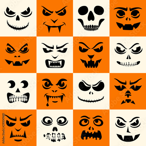 Funny monsters seamless pattern. Halloween pumpkins carved faces silhouettes. Vampires, skeletons, demons stencil. Holiday cartoon characters wallpaper. Kids digital paper, textile print, page fill