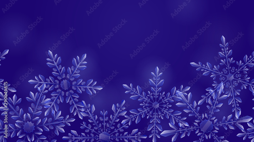 Fototapeta premium Christmas composition of large complex transparent snowflakes in light blue colors on dark gradient background. With horizontal repeating pattern. Transparency only in vector format