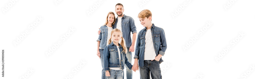 Fototapeta premium panoramic shot of happy family in jeans smiling isolated on white