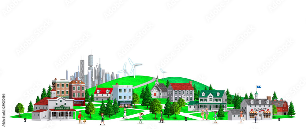 Hill town, 3D rendering, white background