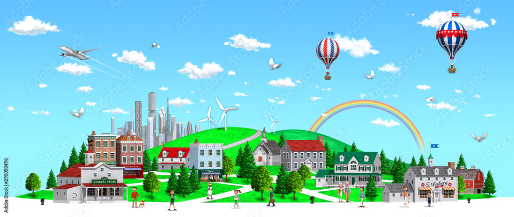 Hill town, rainbow, balloon and jet plane in 3D rendering