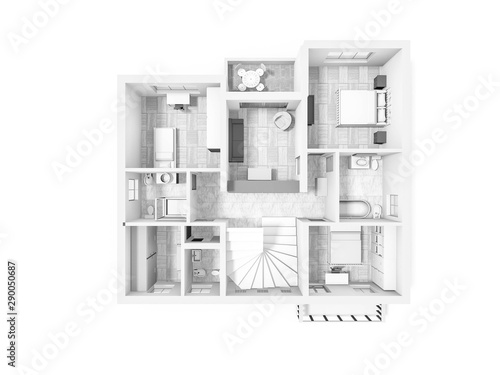 Suburban house interior. Black and White floor plan 3d of a modern apartment. 