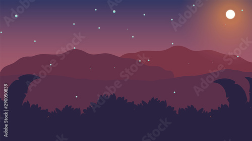 Starry night mountains landscape background Vector