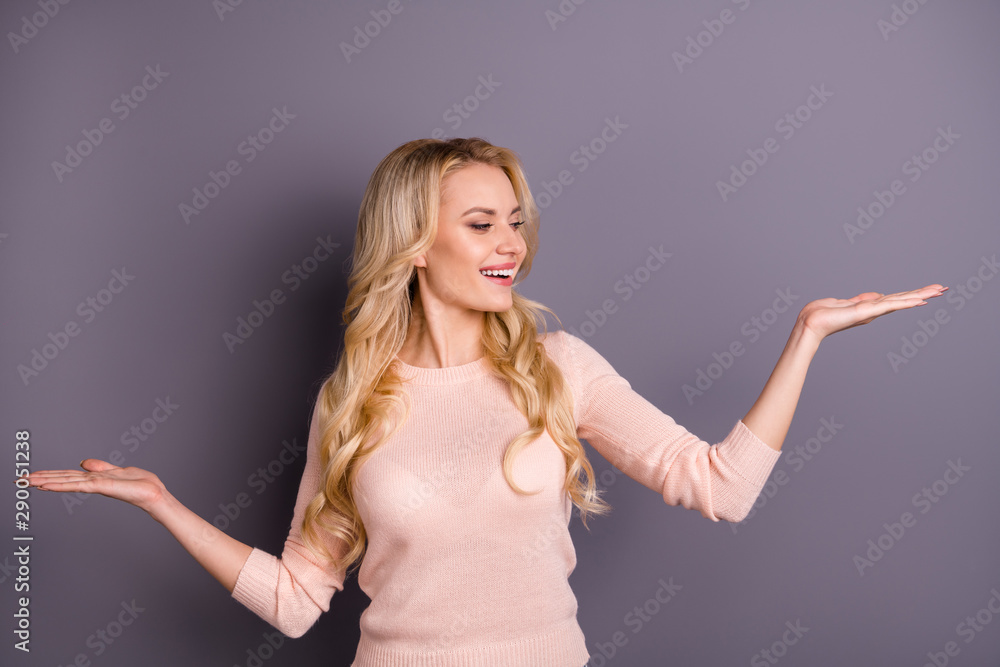 Portrait of her she nice attractive lovely cheerful cheery wavy-haired girl holding invisible things on palms weighing ad solution isolated over gray violet purple pastel color background Portrait of her she nice attractive lovely cheerful cheery wavy-haired girl holding invisible things on palms weighing ad solution isolated over gray violet purple pastel color background