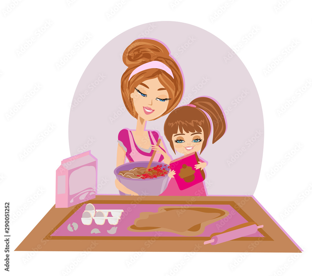 Illustration Of Mother And Kid Preparing Dough Illustration Of Mother And Kid Preparing Dough