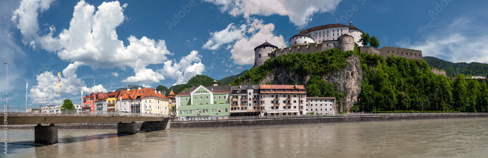 Kufstein fortress on a hilltop over river, Tyrol. The fortress dominated over the Inn river trade path in the Medieval era