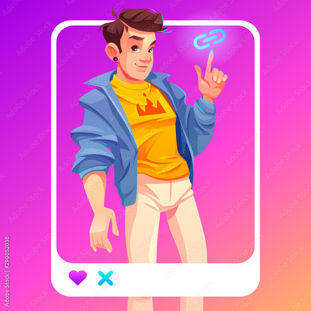Influencer blogger man in stylish clothes with crown print on t-shirt pointing on link icon stand on mobile phone or tablet screen. Male fashion, beauty social media vlog. Cartoon vector illustration