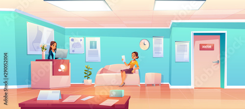 Patient in hospital waiting room. Woman in clinic hallway for doctor appointment sitting on couch in hall interior with reception desk, table with papers, medical placards Cartoon vector illustration