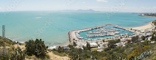 Marina with boats and yachts in the old part of Sidi Bou Said village in Carthage, Tunisia.