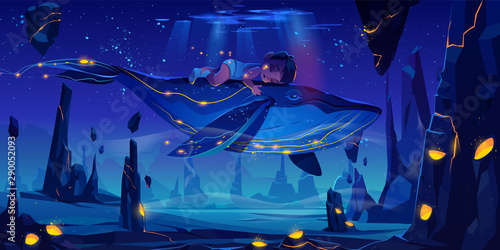 Fantasy child dream, fairy tale background with little baby sleeping on huge whale flying in night neon sky over phantasmagoric alien planet surface with rocks and craters Cartoon vector illustration