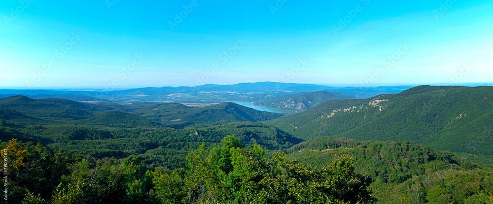 Panoramic view of the Danube Bend (Dunakanyar) with the Transdanubian Mountains at Dobogoko, Hungary