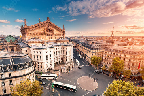 Aerial cityscape view of Paris skyline with Opera Garnier Theater building and rooftops. Travel destinations in France