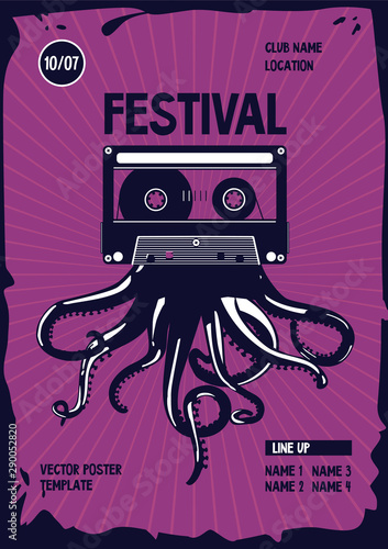 Vintage music poster . Octopus tentacles and audio cassette. Night party retro background. Dance festival template.