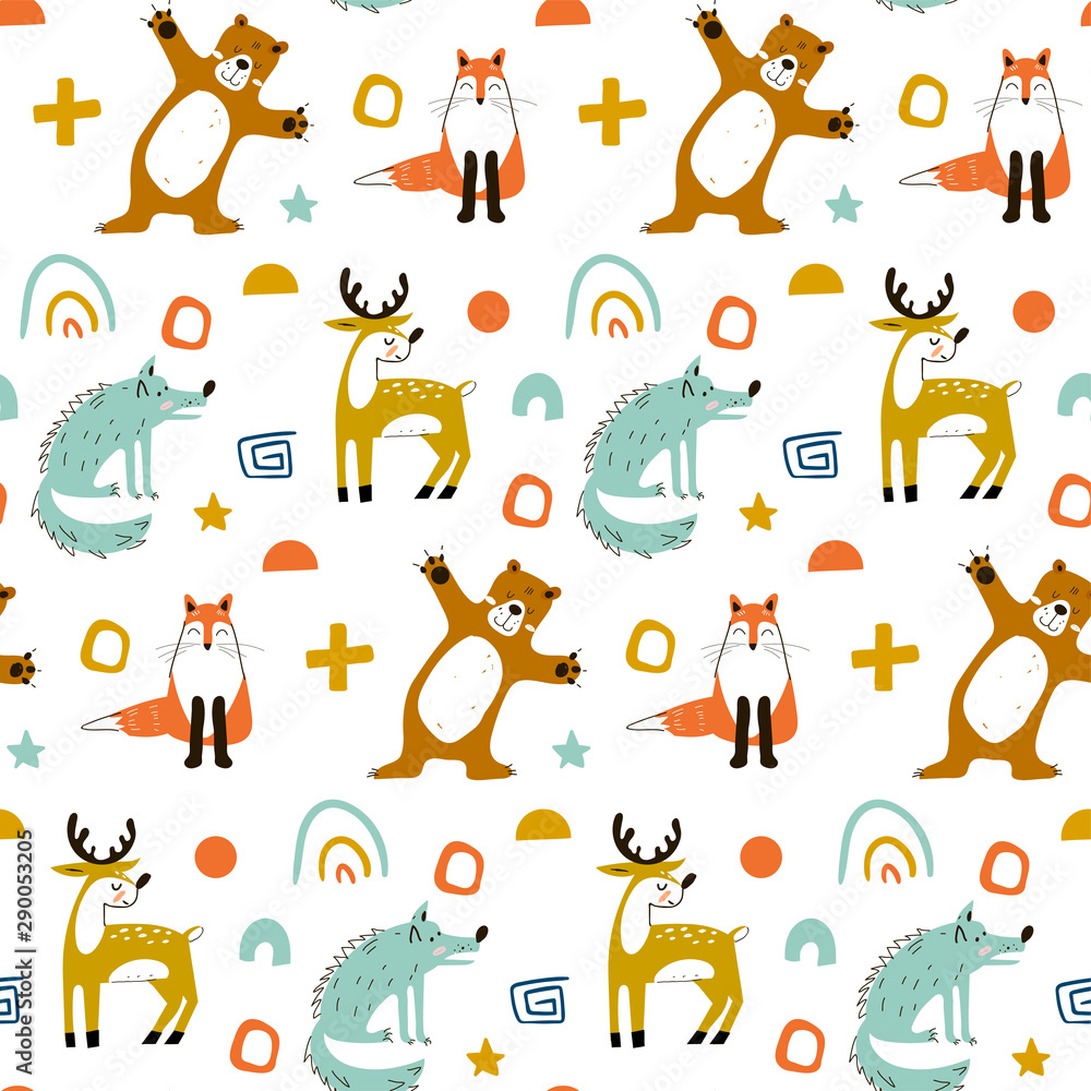 Naklejka Seamless woodland pattern with cute bear, fox, wolf and hand drawn elements. Creative scandinavian kids texture for fabric, wrapping, textile, wallpaper, apparel.