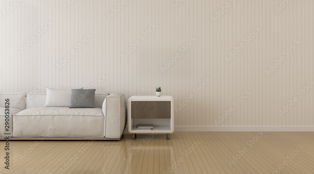 Perspective of modern luxury living room with white sofa and side table on  stripped wall background, Minimal. - 3D rendering. Stock Photo | Adobe Stock
