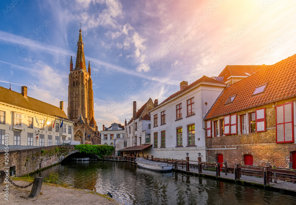 Classic view of the historic city center of Bruges (Brugge), West Flanders province, Belgium. Cityscape of Bruges. Canals of Brugge