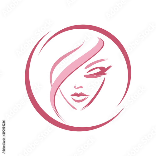 female face - silhouette. the idea is beauty and style. logo on a white background for cosmetology. facial features of a young girl - a look down  an elegant lock of hair. technique - painted with a b