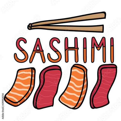 Cute sashimi assortment illustration. Hand drawn raw tuna and salmon Japanese lunch food clipart.