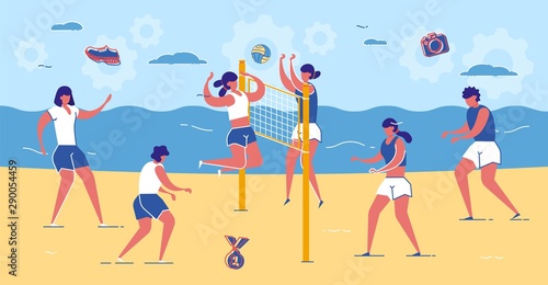 Friends Play Volleyball on Sand Beach near Sea.
