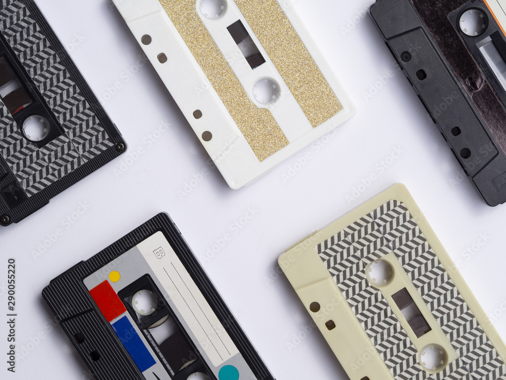 Fototapeta premium Top view close-up shot cassette tape collection