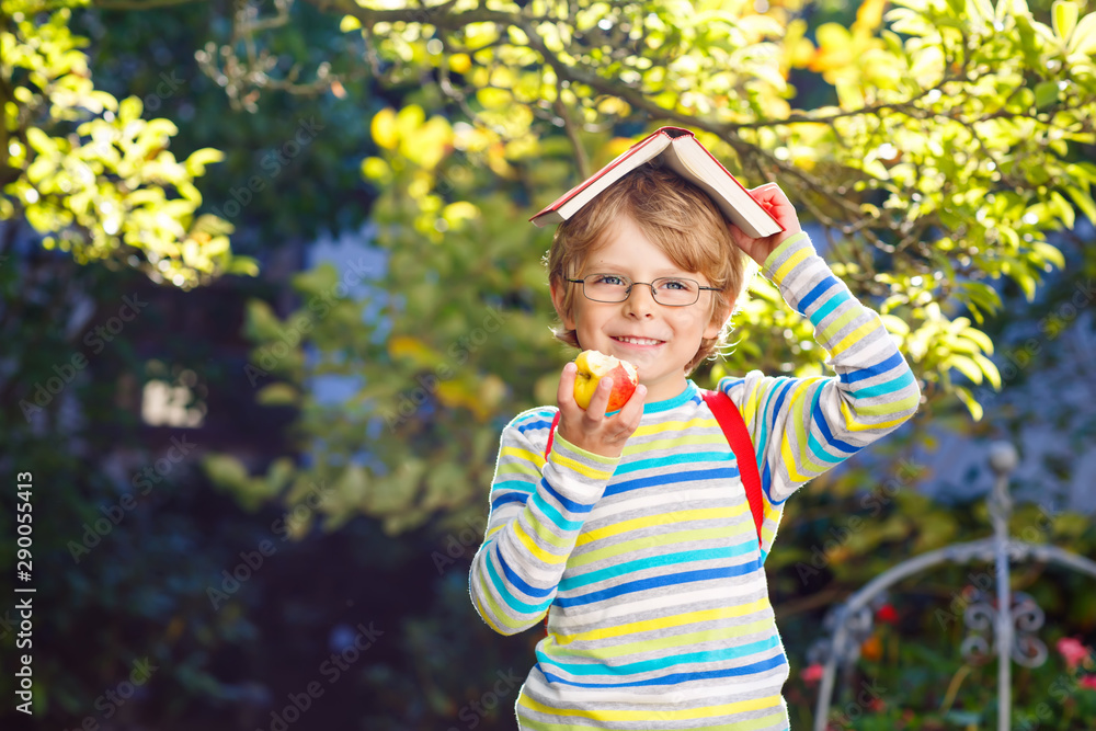 Happy little preschool kid boy with glasses, books, apple and backpack on his first day to school or nursery. Funny healthy child outdoors on warm sunny day, Back to school concept. Laughing boy. Happy little preschool kid boy with glasses, books, apple and backpack on his first day to school or nursery. Funny healthy child outdoors on warm sunny day, Back to school concept. Laughing boy.