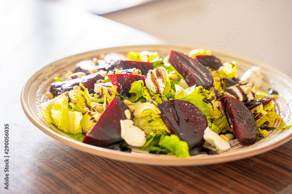 Homemade Healthy Salad with Beetroot, Goat Cheese, Pine Nuts and Balsamic Cream Homemade Healthy Salad with Beetroot, Goat Cheese, Pine Nuts and Balsamic Cream