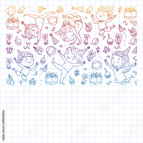 Vector pattern with kindergarten, toy children. Happy children illustration. Gradient drawing on a notebook in a Squared notebook.