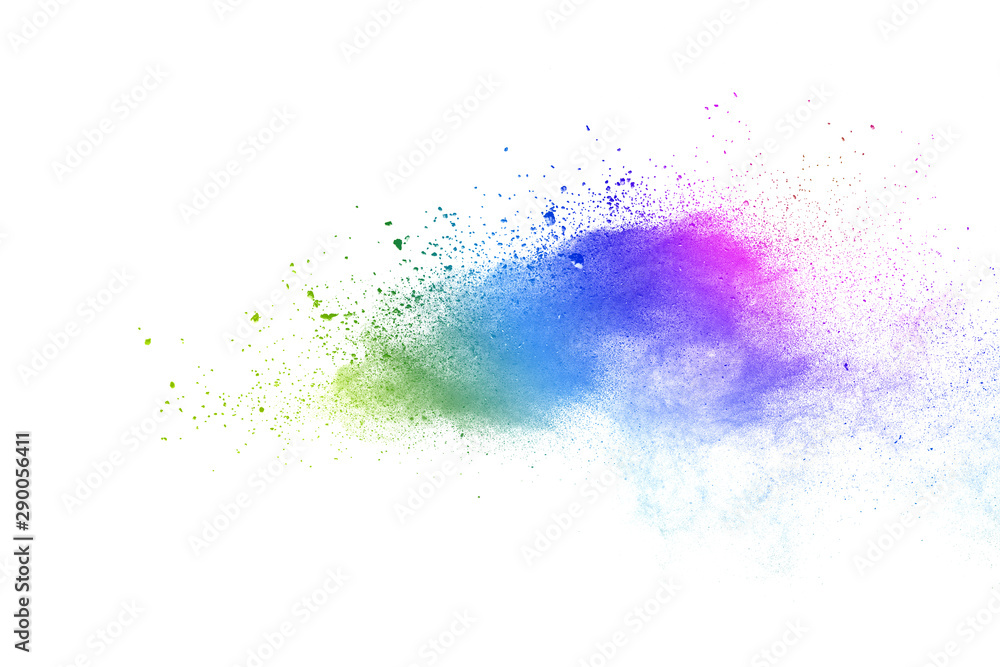 Freeze motion of colorful color powder exploding on white background.  Paint Holi.