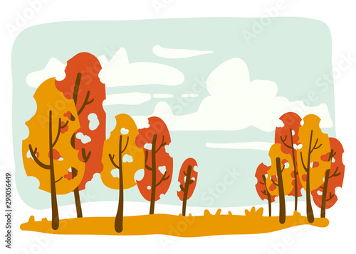 Illustrator vector format linear flat - Autumn background - illustration Landscape with trees  plants and copy space for text.