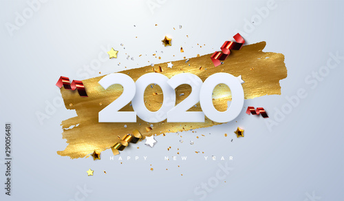 Happy New 2020 Year. Vector holiday illustration of paper cut numbers with sparkling confetti particles, golden stars and streamers. Festive event banner. Decoration element for poster or cover design