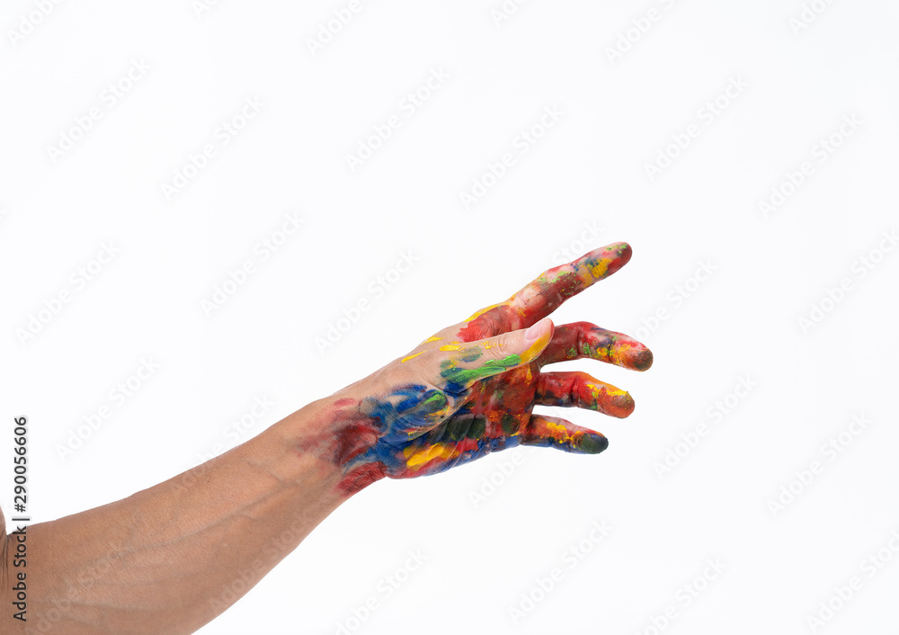 Man hand in colorful on white background Man hand in colorful on white background