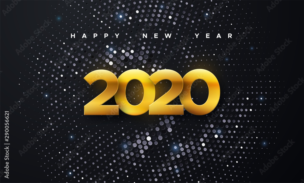 Happy New 2020 Year. Vector holiday illustration. Golden numbers on black background textured with shimmering silver glitters. Festive event banner. Decoration element for poster or cover design