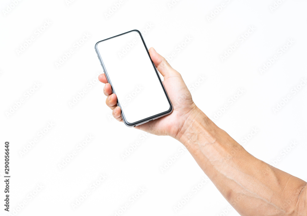 Man hand holding black smartphone isolated on white background, clipping path