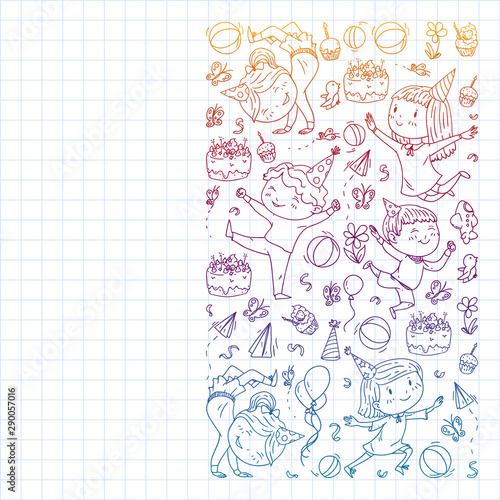 Vector pattern with kindergarten, toy children. Happy children illustration. Gradient drawing on a notebook in a Squared notebook.