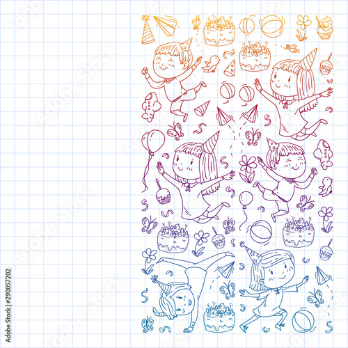 Vector pattern with kindergarten, toy children. Happy children illustration. Gradient drawing on a notebook in a Squared notebook.