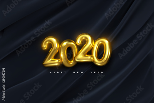 Happy New 2020 Year. Vector holiday illustration of golden numbers on black draped fabric background. Festive event banner. Decoration element for poster or cover design