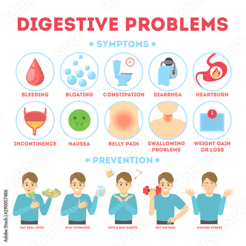 Infographic with intestine problems. Diarrhea and stomach