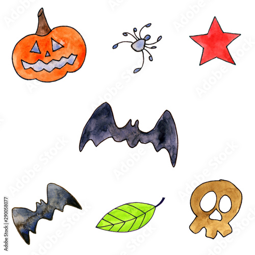 Halloweem drawing decor elements set. Greeting halloween card. Pumpkin, bat, skull and autumn leaves.  photo