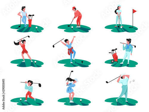 People play golf set. Person holding club and ball. Summer