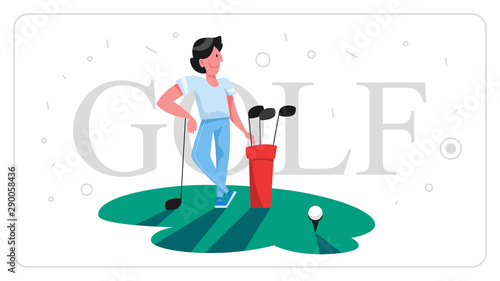 Man play golf. Person holding club and ball.