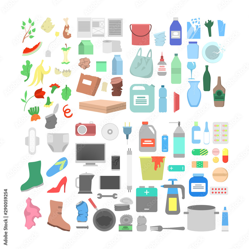 Garbage icon set. Collection of plastic, paper and glass waste Garbage icon set. Collection of plastic, paper and glass waste