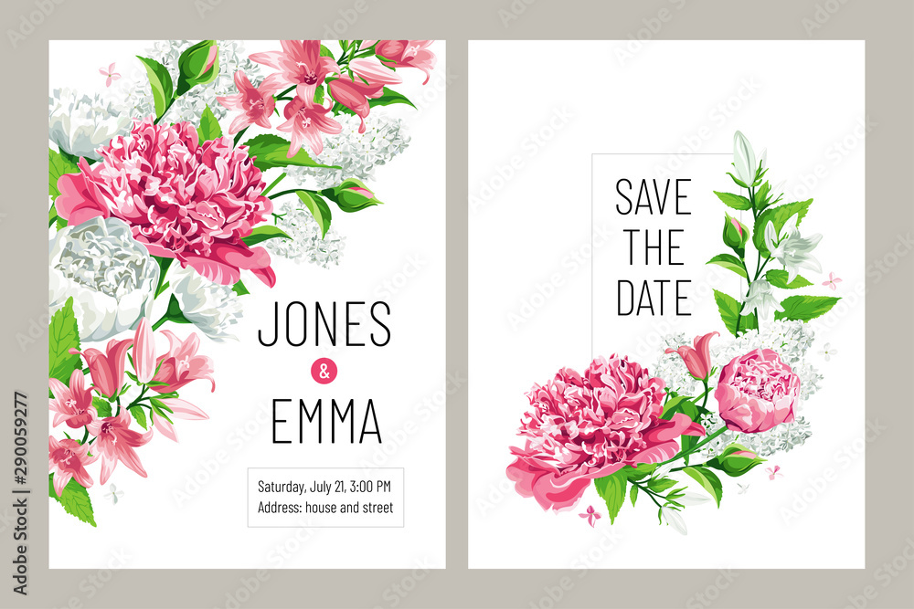 Naklejka Wedding invitation card. Frame with text and flowers - white and pink Roses, Peons, Campanula and Lilac isolated on white Background.
