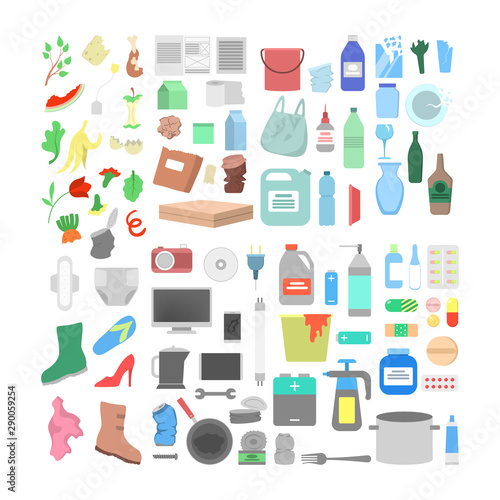 Garbage icon set. Collection of plastic, paper and glass waste